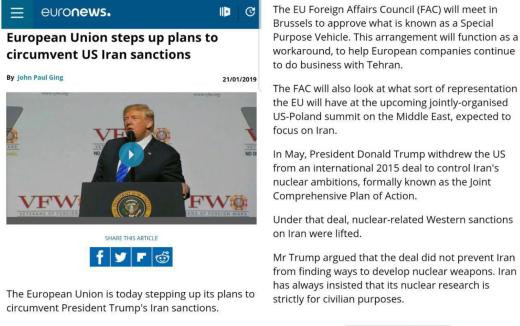 آنچه یورو نیوز گفته است که امروز در بروکسل سازوکار مالی SPV جهت دورزدن تحریم‌های آمریکا علیه ایران را تصویب می‌کند را باید خبر مهم